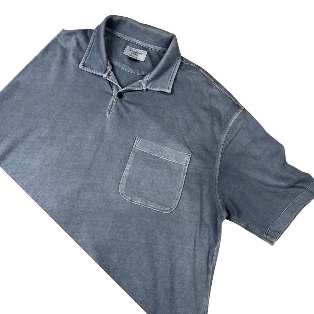 American Eagle Mens Relaxed Fit Polo Shirt Blue Gray Cotton Pocket Large L